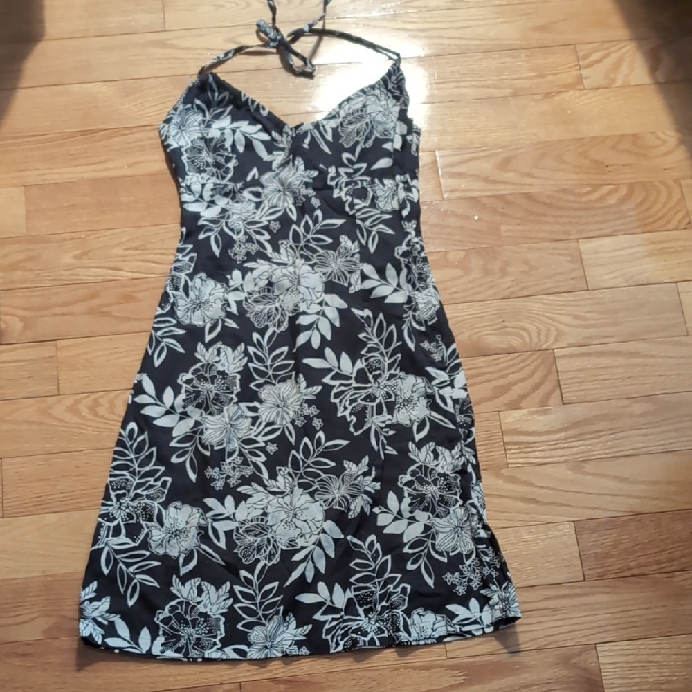 New Floral Halter Black And White Dress